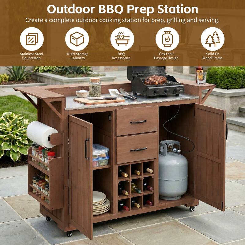 Modern 60.2" W Outdoor BBQ Kitchen Island with Wheels, Stainless Steel Top, Drawers, Spice Rack & Wine Rack