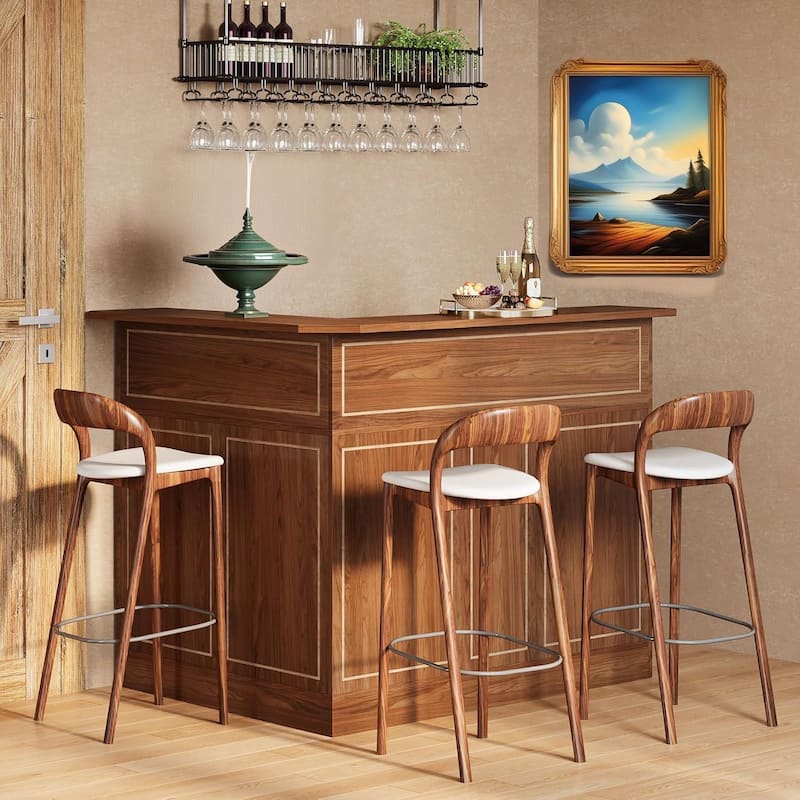 Red Brown L-Shaped Bar Unit with 4-Tier Shelves and Wine Glass Racks for Living Room or Basement - 51.2"L x 39.4"W x 44"H