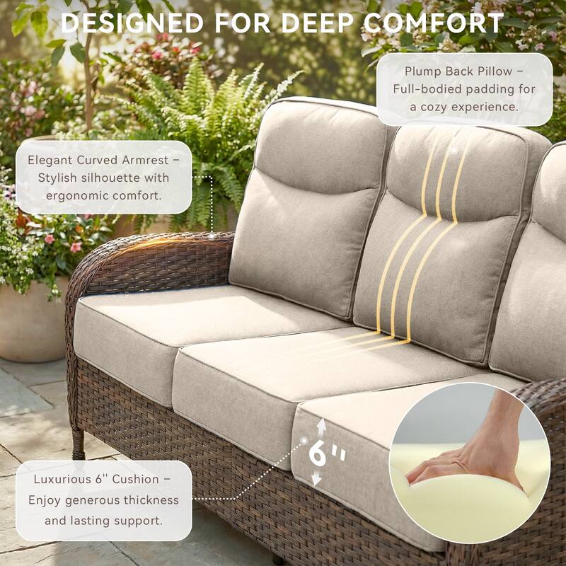 Pocassy Outdoor Wicker Patio Sofa with Swivel Chair and Coffee Table