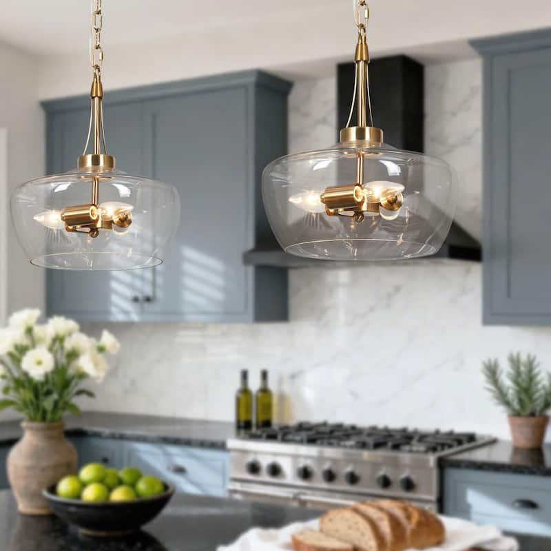Zelena Modern Farmhouse Gold Chandelier Glass Drum Pendant Light for Dining Room
