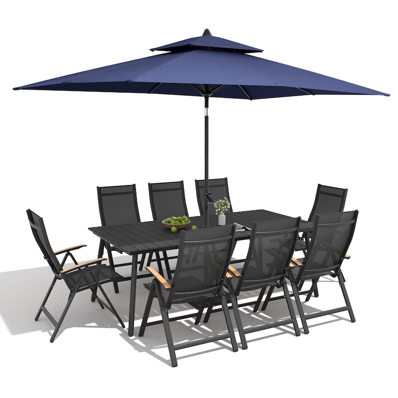 9/11-Piece Outdoor Aluminum Patio Dining Set w/10 ft Umbrella and Base, Rectangle Table and Folding Chairs