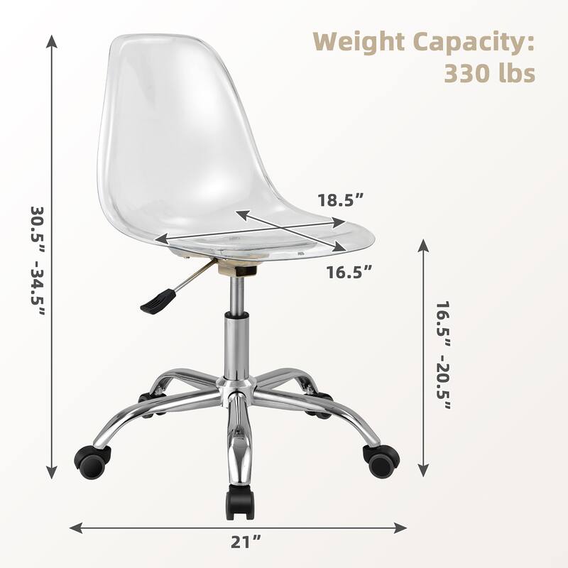 Costway Rolling Acrylic Armless Office Chair Swivel Vanity Chair - 21'' x 18.5'' x 30.5''-34.5''(L x W x H)