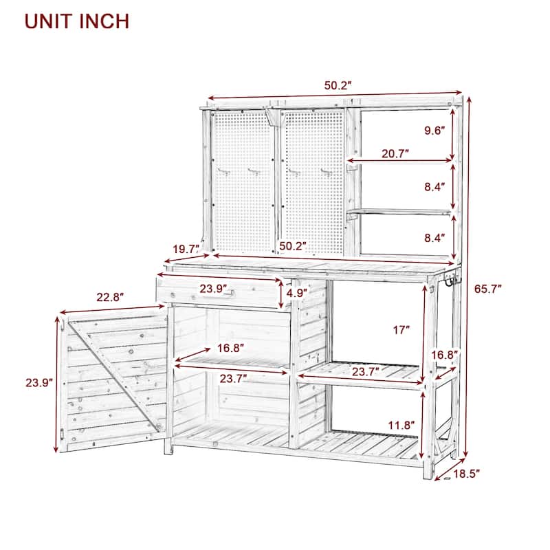 Roomfitters Fir Wood Potting Bench with Hutch, 4 Shelves, storage units, Cabinet & Pegboard Hooks, Outdoor Garden Work Table