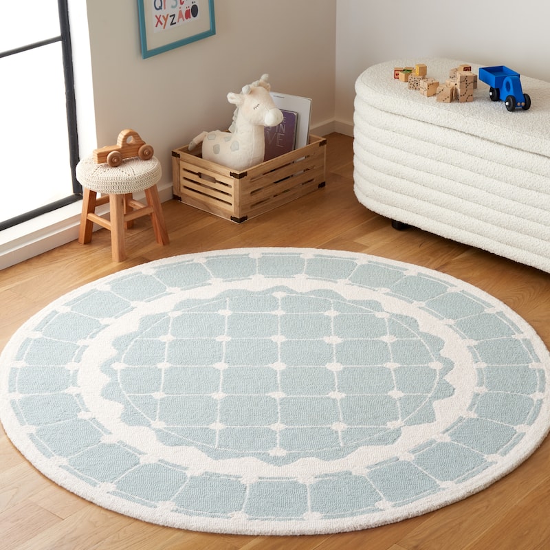 SAFAVIEH Handmade Kids Kayley Geometric Wool Rug - 5' Round - Turquoise/Ivory
