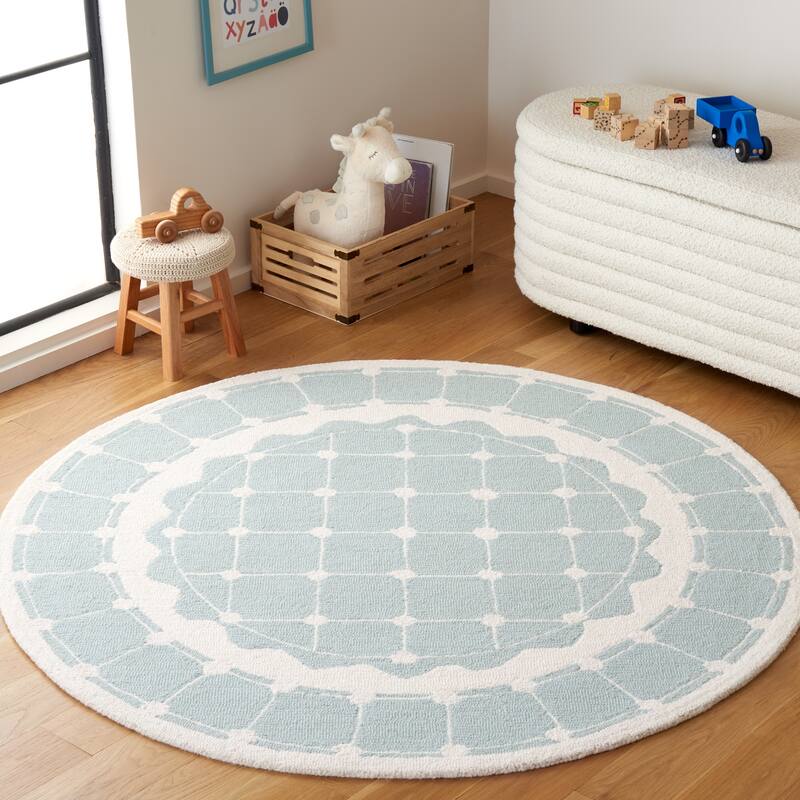 SAFAVIEH Handmade Kids Sijtske Geometric Wool Rug - 5' Round - Turquoise/Ivory - Round