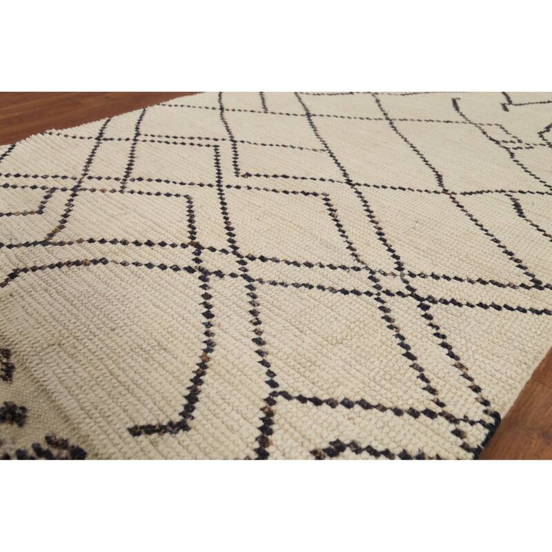 Ivory Striped Moroccan Oriental Rug Hand-Knotted Wool Carpet - 3'11"x 6'8"