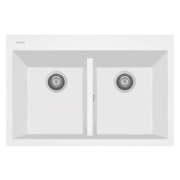 slide 1 of 1, 33" x 22" LaToscana ONE Series Drop-In Double-Bowl Quartz Kitchen Sink Milk White