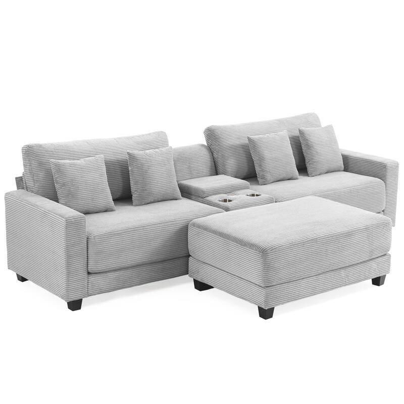 Oversized Corduroy Upholstered Sofa with a Removable Ottoman & 4 Pillows