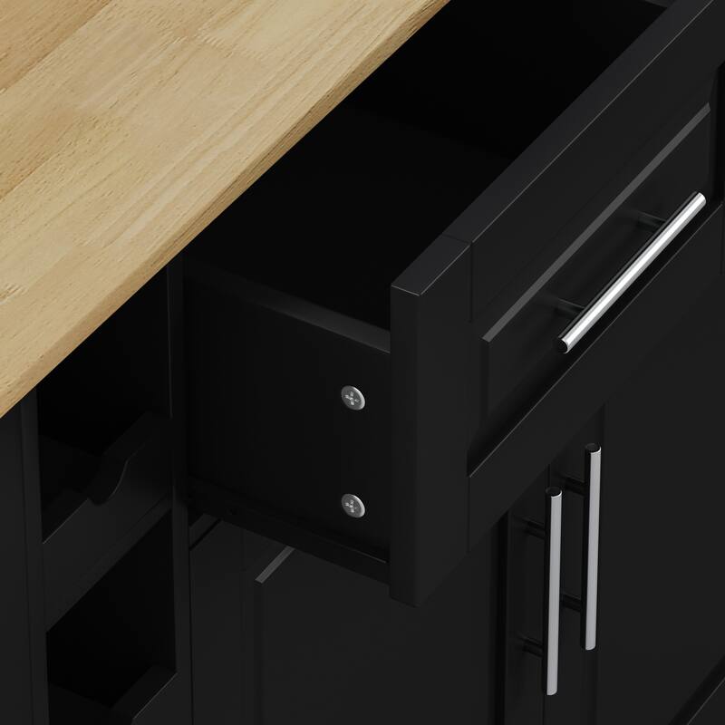 Rolling Kitchen Island Cart with 5-Layer Wine Rack, Adjustable Spice Rack, Towel Holder & Foldable Rubberwood Table Top