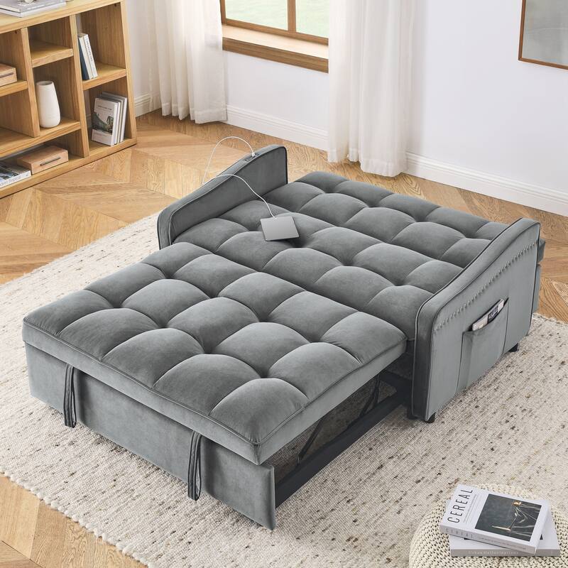 Loveseats Sofa Bed with Pull-out Bed,Adjsutable Back and Two Arm Pocket