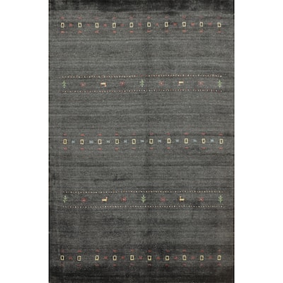 Hand Knotted Oriental 100% Wool Carpet Tribal Animal Pictorial Greys & Charcoal Gabbeh Area Rug - 8' 0'' X 5' 6''