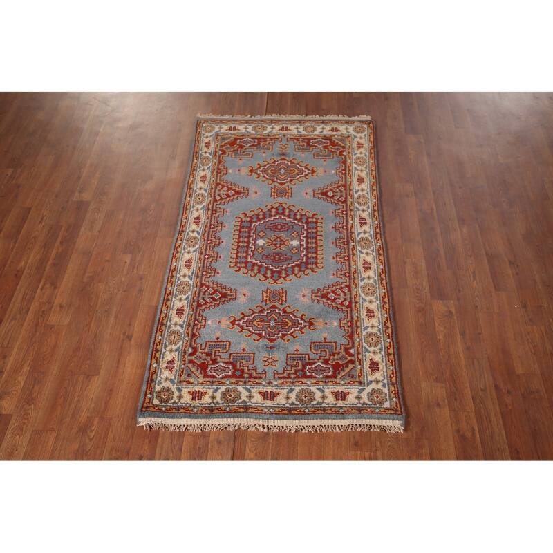 Blue Geometric Viss Oriental Accent Rug Hand-Knotted Wool Carpet - 2'11"x 5'3"