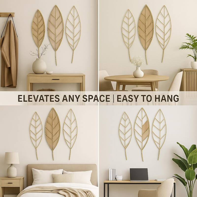 Gold Leaf Wall Art Vertical Metal Botanical Minimalist Sculpture 21x20