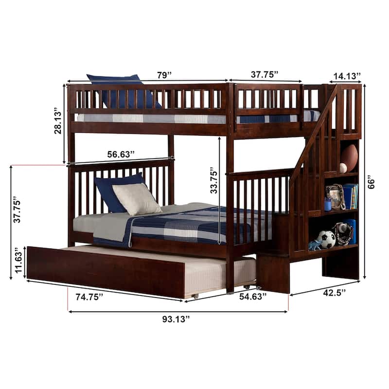 Woodland Staircase Bunk Bed Full over Full with Full Trundle Bed