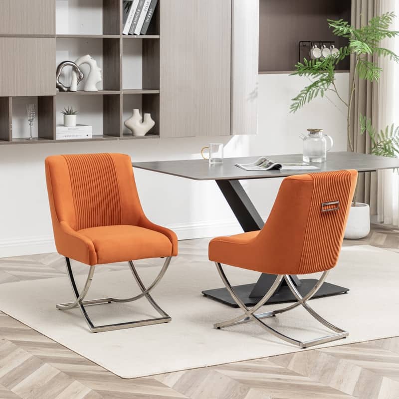 Modern Contempoary Velvet Dining Chair Set of 2 with Metal Frame Legs and Back Pull