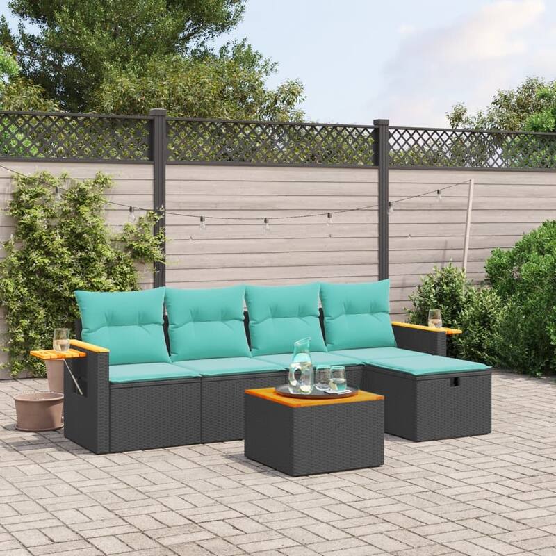 vidaXL Patio Sofa Set with Cushions Outdoor Conversation Furniture Poly Rattan - 21.7" x 24.4" x 27.2" - Black without storage