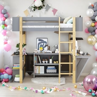 Twin Size Wood Loft Bed With Built-in Storage Cabinet and Cubes, Foldable desk