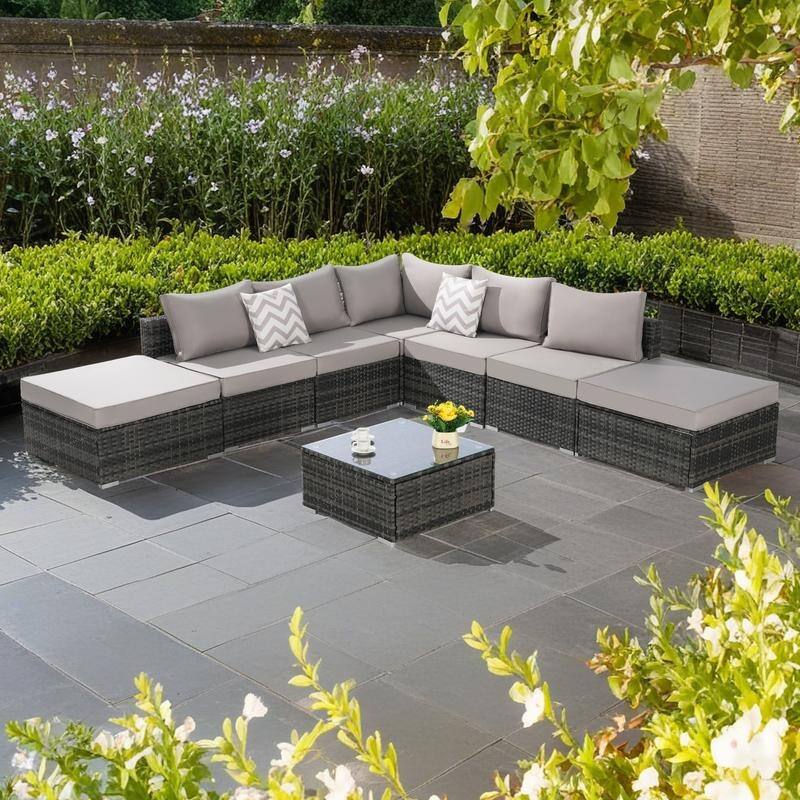 8-Pieces Outdoor Patio Sectional Sofa Set with Washable Cushions & Glass Coffee Table - Light Gray