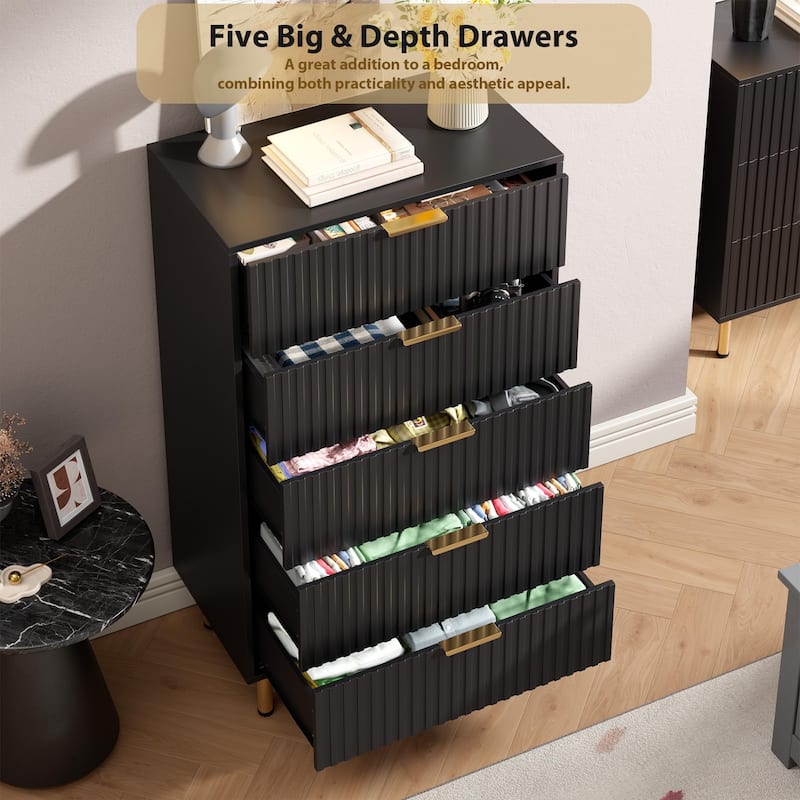 5 Drawer Fluted Dresser for Bedroom, Tall Modern Chest of Drawers with Deep Storage and Wide Top