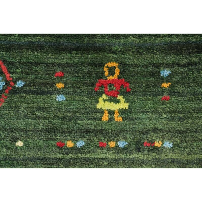 Hand Knotted Oriental Viscose Silk Carpet Tribal Animal Pictorial Green Gabbeh Runner Rug - 7' 5'' X 2' 10''
