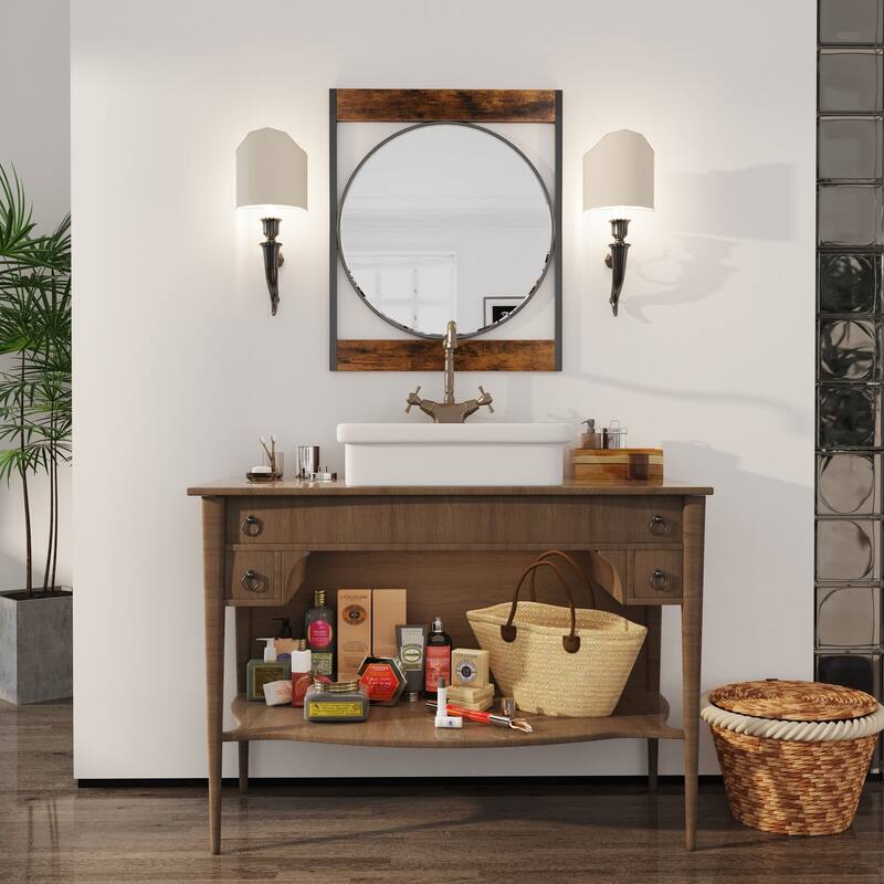 Industrial Round Wall Accent Mirror Square Wood Frame