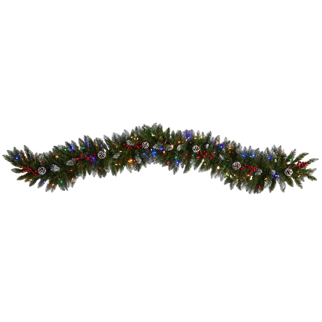 6' Snow Tipped Extra Wide Artificial Christmas Garland with Pinecones, Berries and 100 Multicolor LED Lights - 72