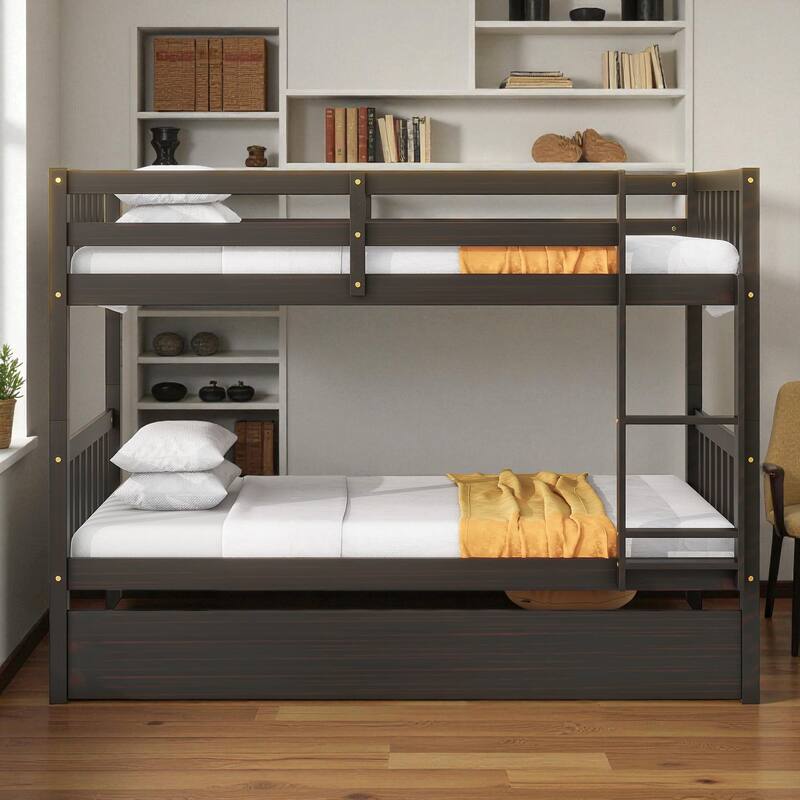 Twin Over Twin Rubber Wood Bunk Bed with Trundle, Convertible into Twin Beds, Ladder and Safety Guardrails - Espresso - Twin