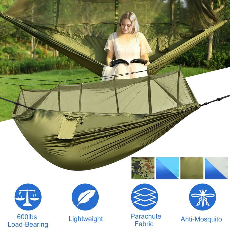 Outdoor Hiking Hammock for 2 Persons with Mosquito Net and Nylon Straps Heavy Duty Steel Carabiners