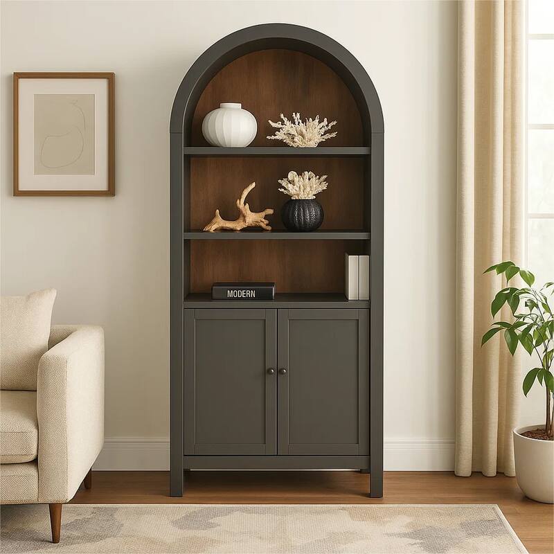 Xeny Arched Display Cabinet, 3 Shelves w 2 Doors, Gray Mahogany Wood