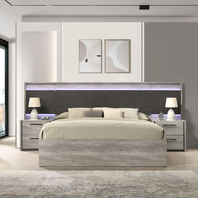Roundhill Furniture Lenca LED Wallbed with Nightstands, Dresser, Mirror, and Chest - Weathered Gray