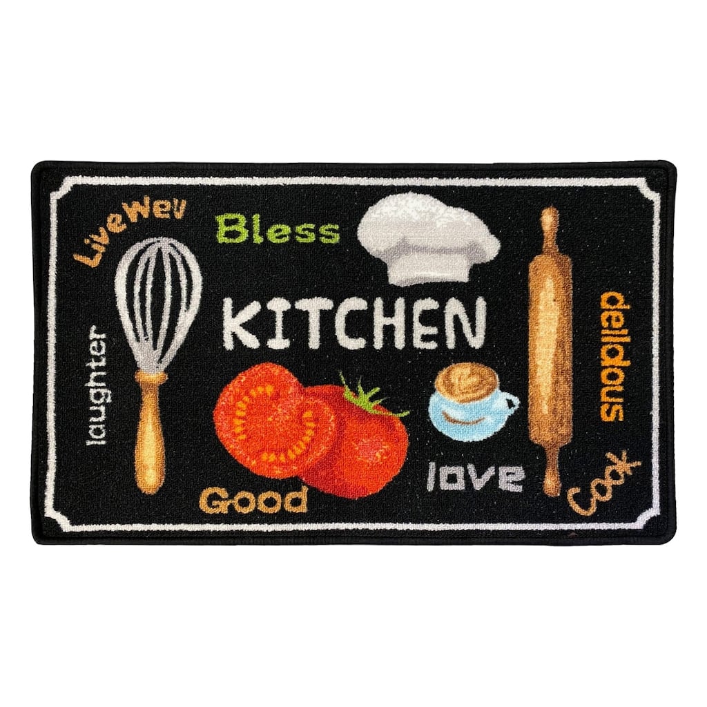 Bless Culinary Theme Non-Slip Kitchen Mat, Black, 18x30 Inches - 18x30 Inches