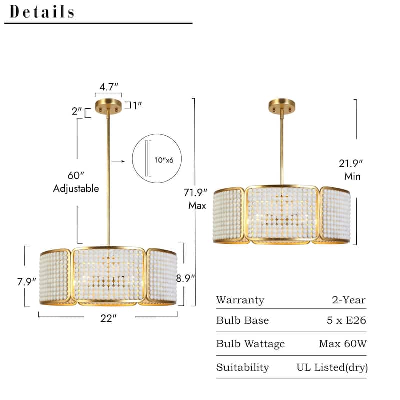Modern 5-Light White Gold Chandelier with Goldleaf White Wooden Beads for Dining Room - 22 " W × 7.9 " H