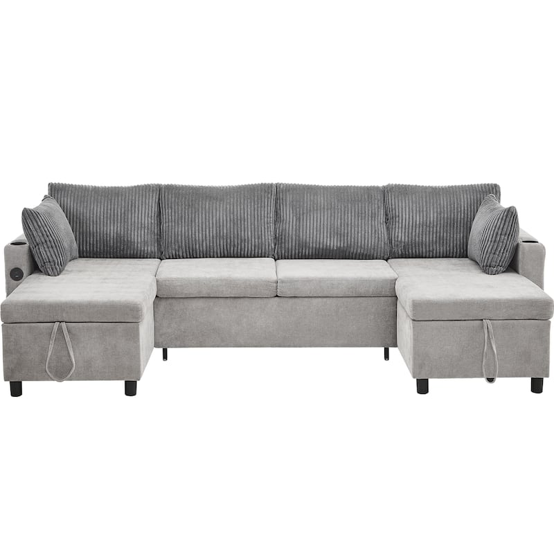 Corduroy L-shaped Sofa Sectional Sofa with 2 USB Ports and 2 Power Sockets, Storage Drawer Settee for Living Room