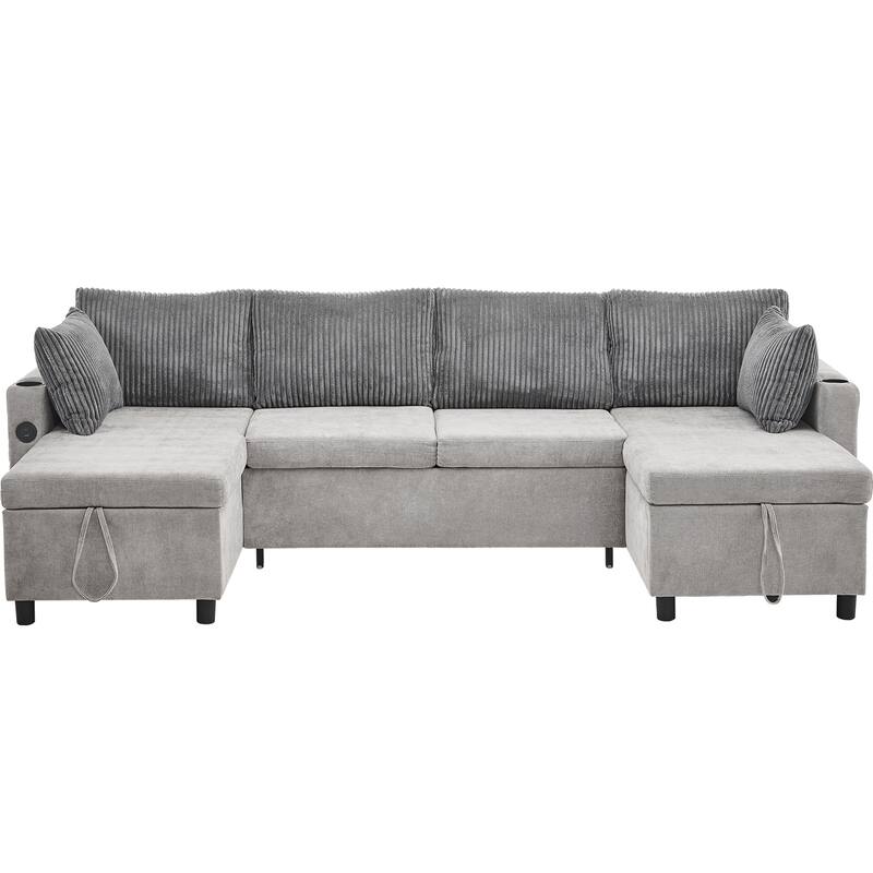 Sectional Sofa Pull-out Sofa Bed with Large Storage Space, 2 USB Ports and 2 Cup Holders Chenille Tufted Couch