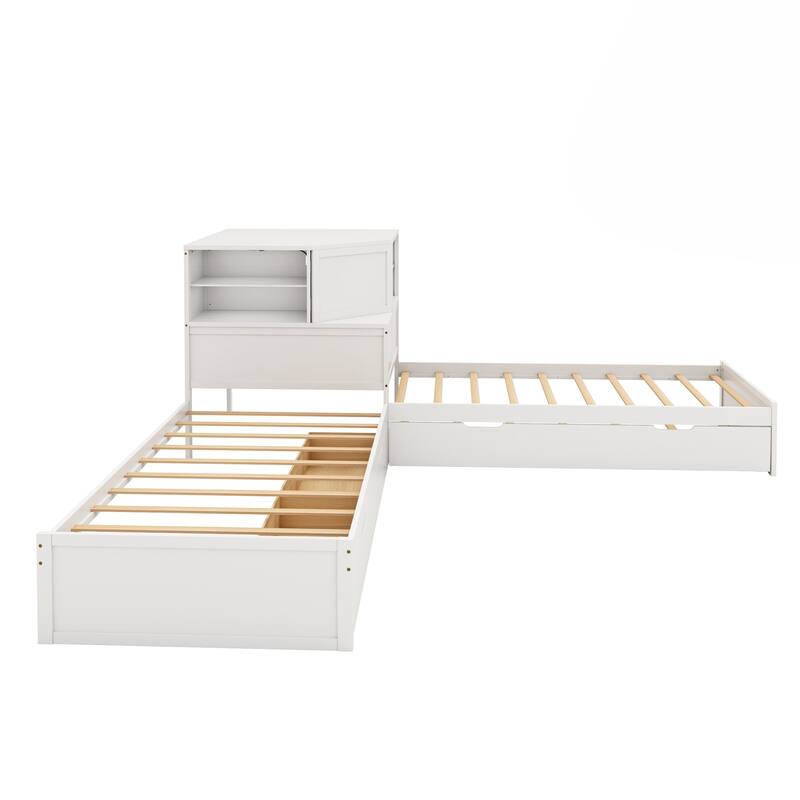 All-in-one Low Profile Platform Bed with Trundle and Drawer, Wooden Floor Bed Linked Corner Bed Built-in Desk and Led Downlight