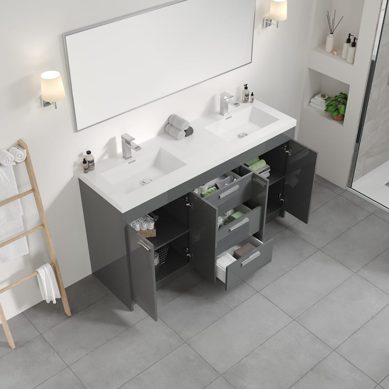 Eviva Lugano 60 inch Gray Modern Double Sink Bathroom Vanity with White Integrated Acrylic Top - 60"