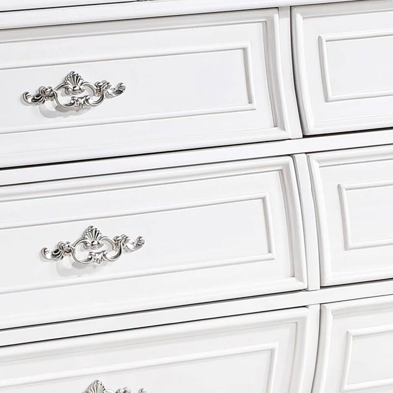 Valena 9 Drawer Wide Dresser, White Solid Wood with Carved Accents