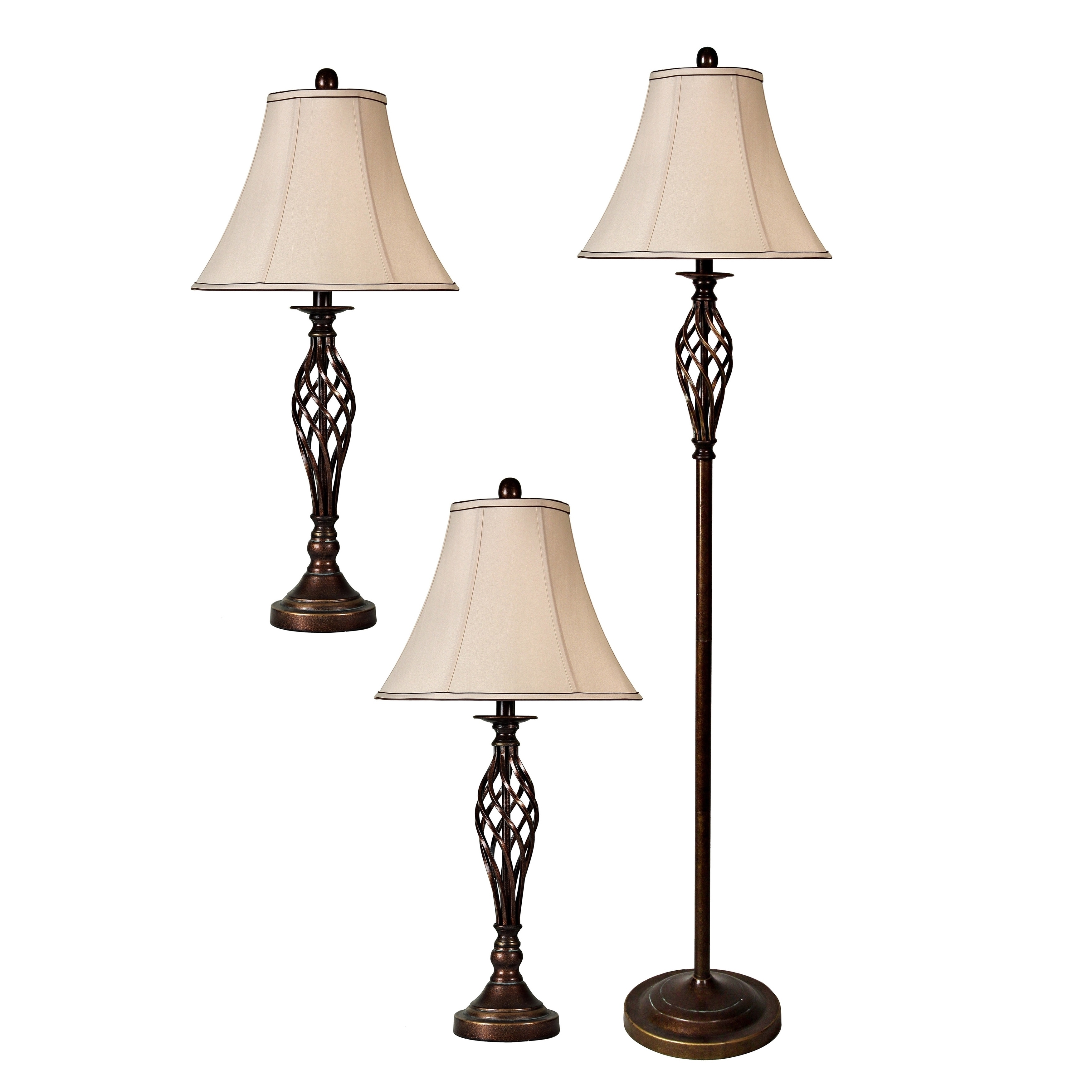 StyleCraft Barclay Brass Table and Floor Lamp Set - White Silk Shade (Set of 3)