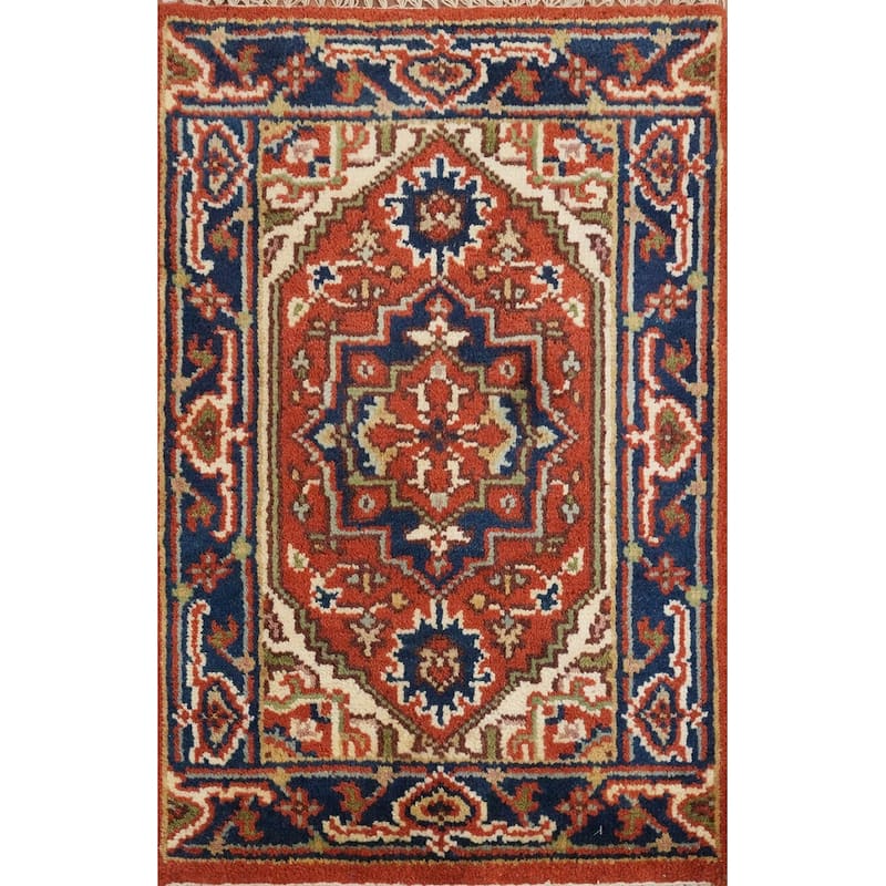 Hand Knotted Oriental 100% Wool Carpet Traditional Medallion Oranges & Rust Heriz (serapi) Area Rug - 3' 0'' X 2' 0''