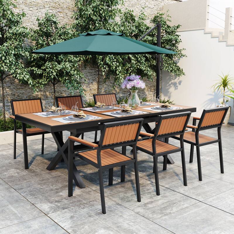 Outdoor Dining Set with 6 Chairs and X-Shaped Legs Extendable Table, Aluminum Patio Dining Table Set - Black