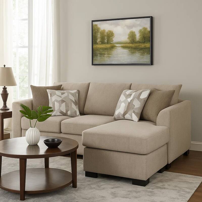 Storia Sleeper Sectional Chaise Sofa, Camel Brown, 4 Pillows, 84 Inch