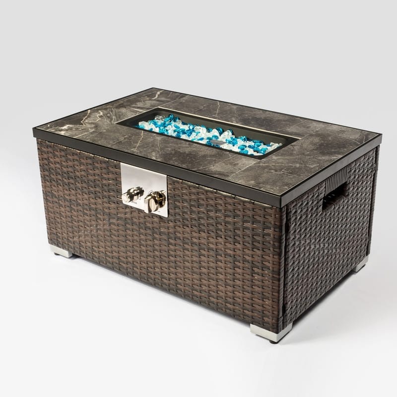 32" Propane Gas Fire Pit Table, 50000 BTU Rectangular Fire Pit, Tile Tabletop with Beautiful Wicker Base