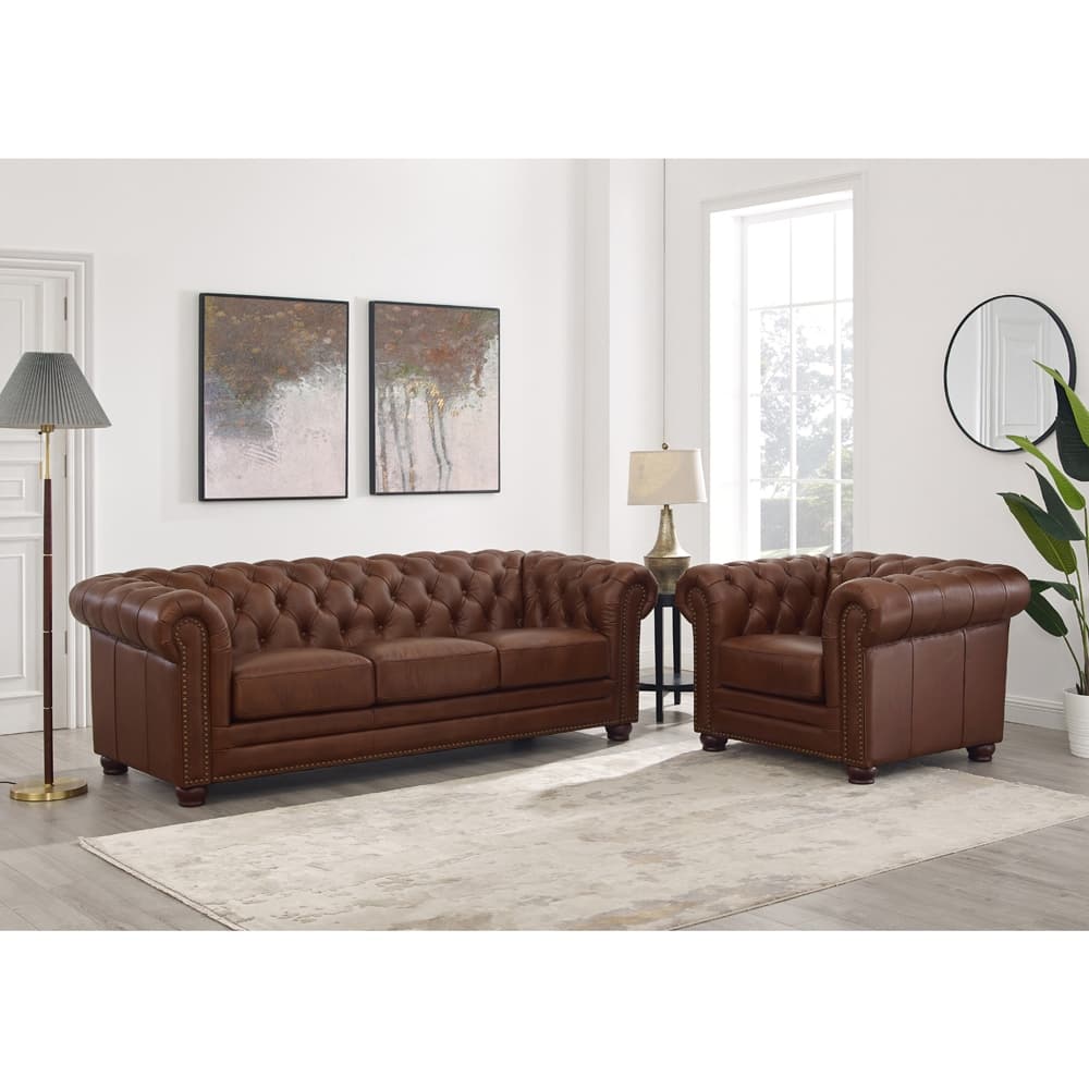 Hydeline Aliso Top Grain Leather Chesterfield Sofa Set, Sofa and Chair - Sofa, Chair