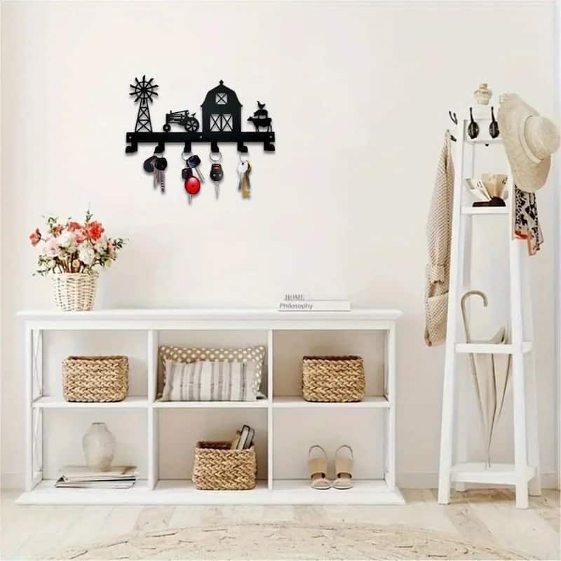 Black Metal Wall-Mounted Towel Hook Rack 6 Hooks Space-Saving Bathroom Storage Organizer - 11.57”L x 6.02”H