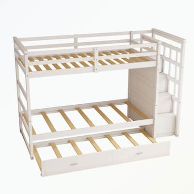 Hardwood Twin Over Twin Bunk Bed with Trundle and Staircase