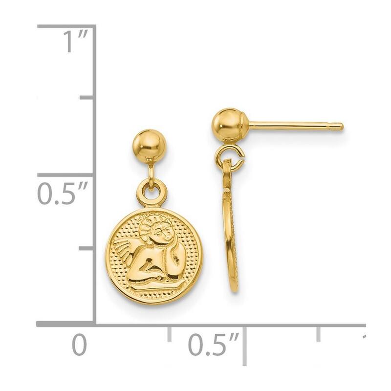 Curata 14k Yellow Gold Textured Angel Medal Dangle Post Earrings - 15x10mm