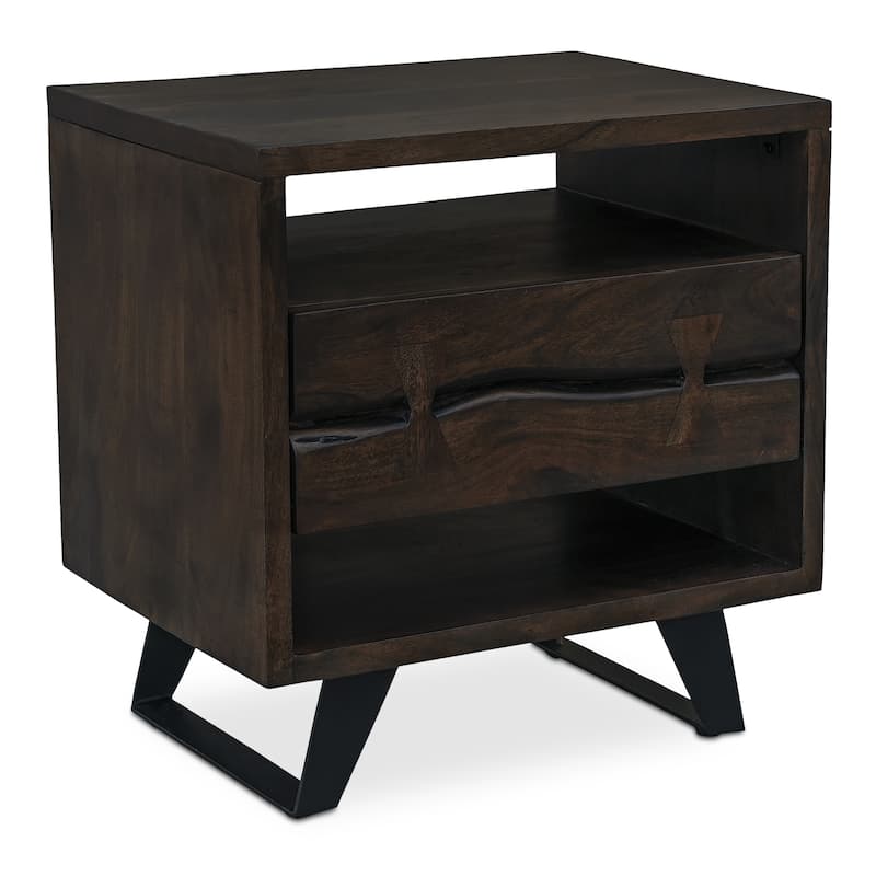 NADAAL STUDIOS Sterling Nightstand, Solid Acacia Wood with Live Edge Detail, Dark Brown