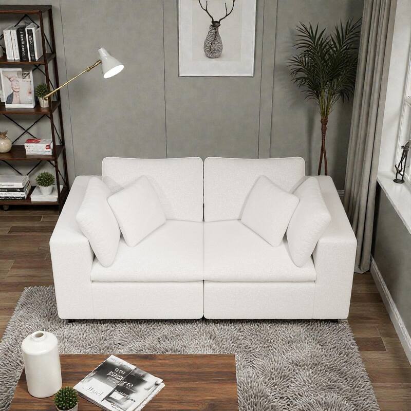 78.8" Modular Sectional Sofa, No Assembly Upholstered Couch with Plush Corduroy Fabric, 2 Seat for Apartment - White