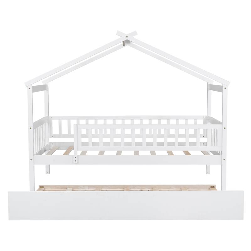 Wooden House Bed for Kids with Twin Trundle, Full/Twin Size, and Durable Pinewood