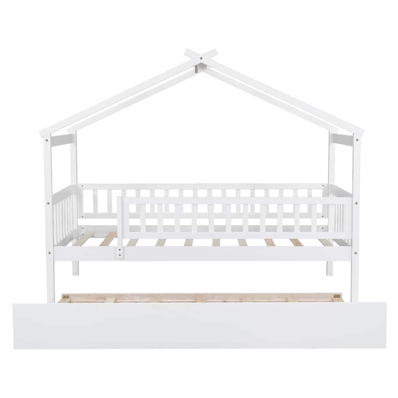Wooden Twin/Full House Bed with Trundle and Headboard, Sky Roof Design, Durable Pine Wood